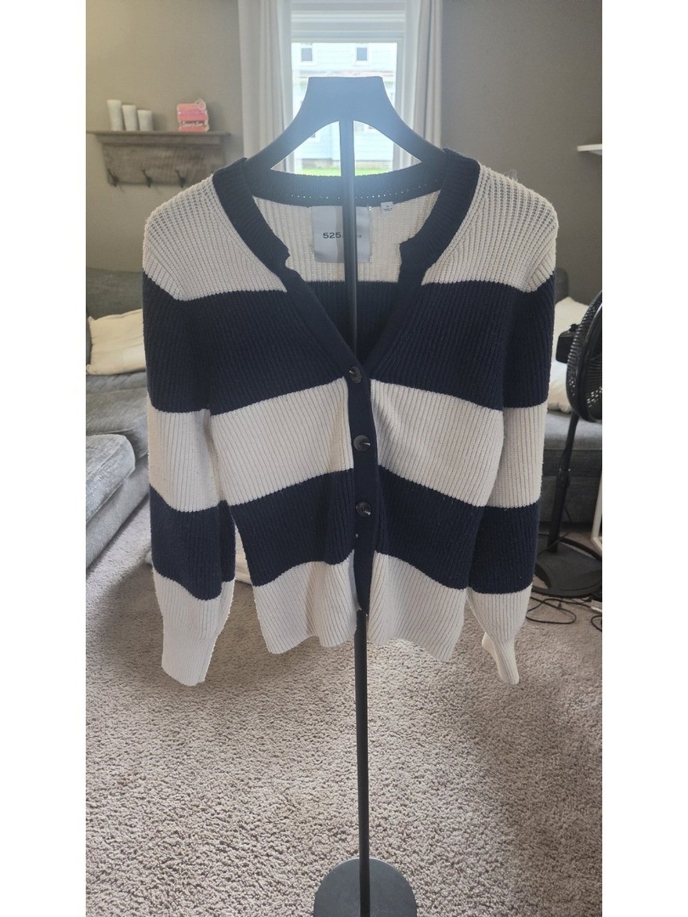 525 America Navy White Striped Cardigan Sweater Button Front Knit Size S